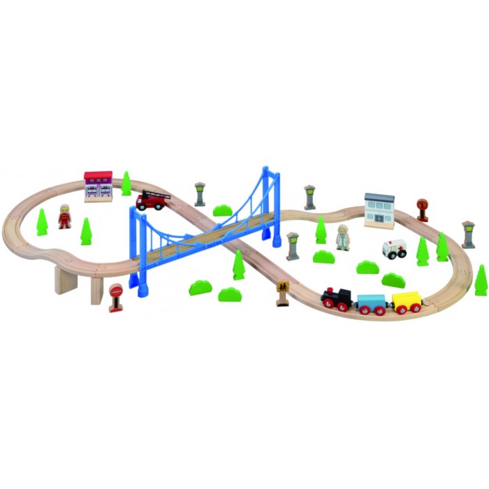 Set trenulet cu 57 piese din lemn cu Pod mare si circuit suspendat MAXIM